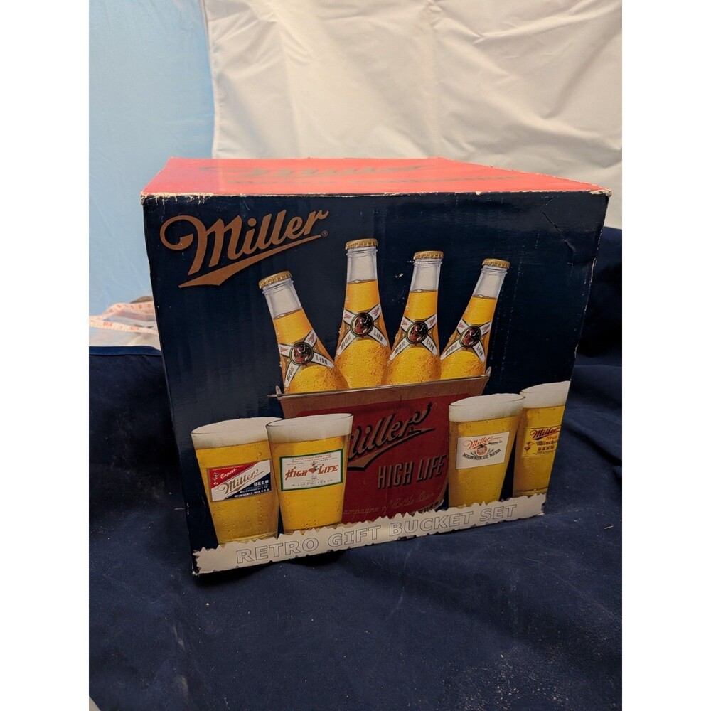 Miller Retro Gift Bucket Set, Pre-owned. 4-16oz Pub Glasses and 5qt. Ice Bucket.